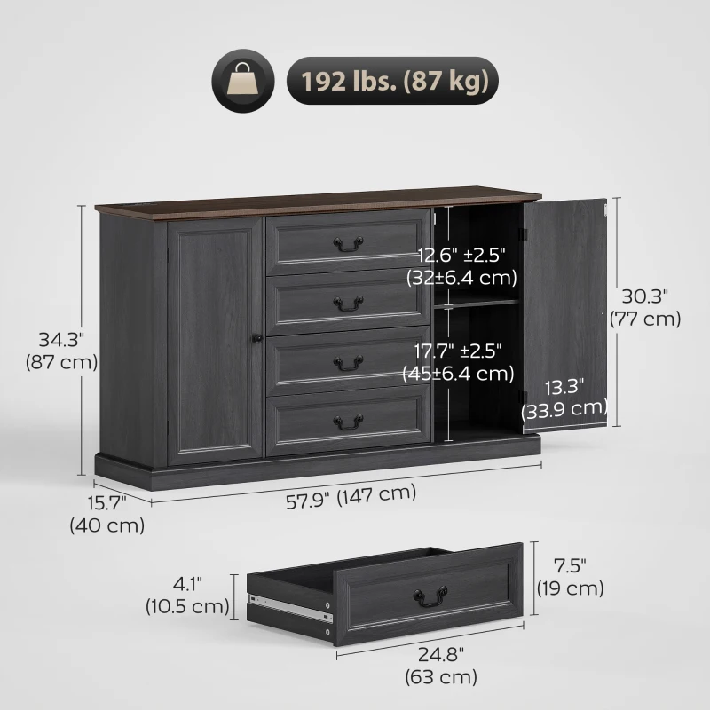 HOMCOM Farmhouse Sideboard with Charging Station, 58" Buffet Cabinet, Kitchen Storage Cabinet with 4 Drawers, 2 Doors, Black