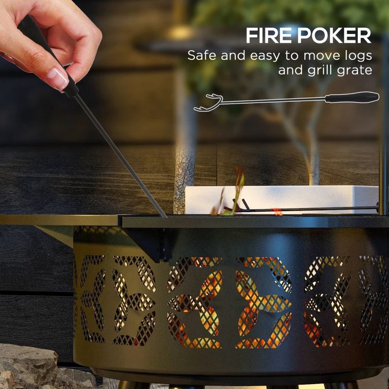 Outsunny Wood Burning Fire Pit Charcoal BBQ Grill, Portable Firepit with Adjustable Grill Grate, Pan and Poker, 33", Black