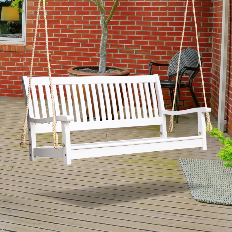 Outsunny 48'' 2-Seater Hanging Porch Swing, Outdoor Patio Wooden Swing Bench w/ Ropes, Slatted Design, 700 lb Weight Capacity, White