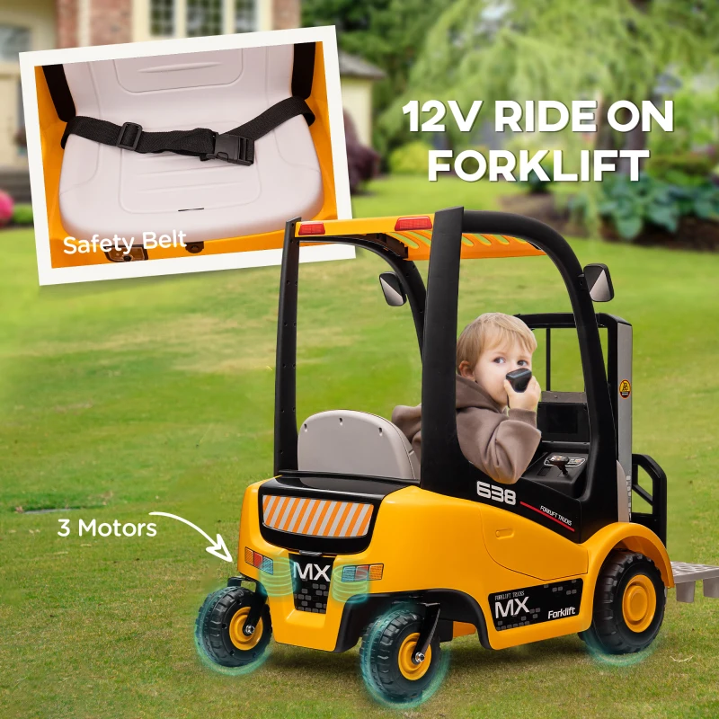 Qaba 12V Kids Ride on Forklift Car with Tent, 360° Rotation Electric Ride On Excavator w/ Liftable Fork and Pallet, Music