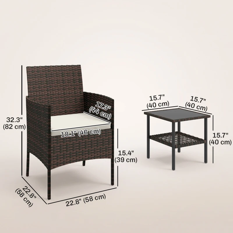 Outsunny Wicker Bistro Set, 3 Piece Patio Furniture Set with 2-Tier Glass Top Table, Cushions for Balcony, Porch, Beige
