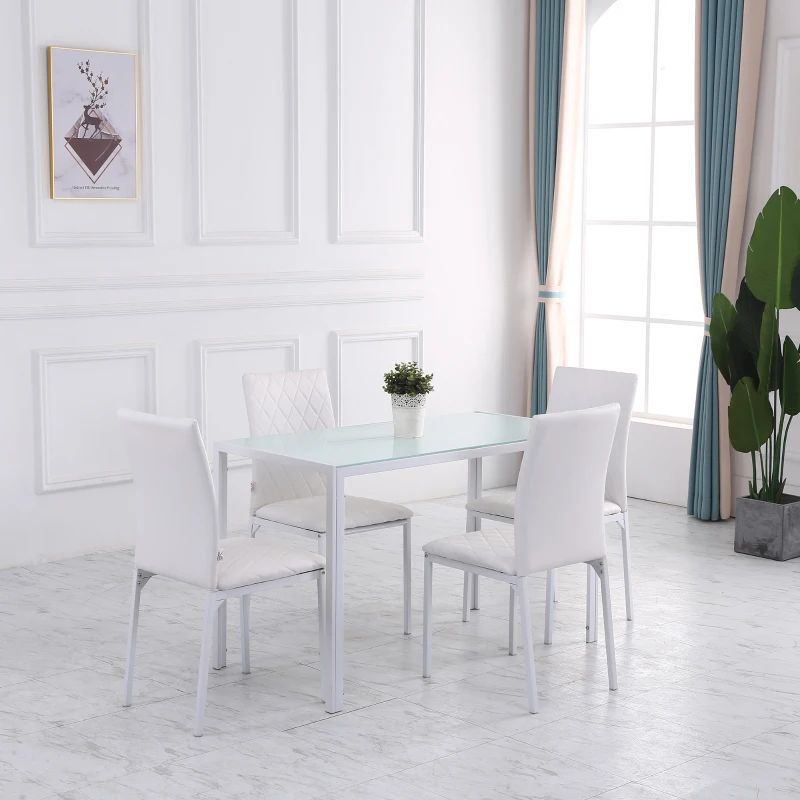 HOMCOM Modern Dining Chairs Set of 4, Upholstered Faux Leather Kitchen Chairs with Rhombic Tufting and Metal Legs for Living Room, White