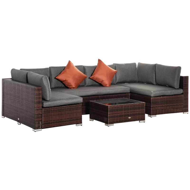 Outsunny 4-Piece Patio Furniture Sets Outdoor Wicker Conversation Set PE Rattan Sectional sofa set with Tempered Glass Coffee Table and Cushions for Backyard and Garden, Brown