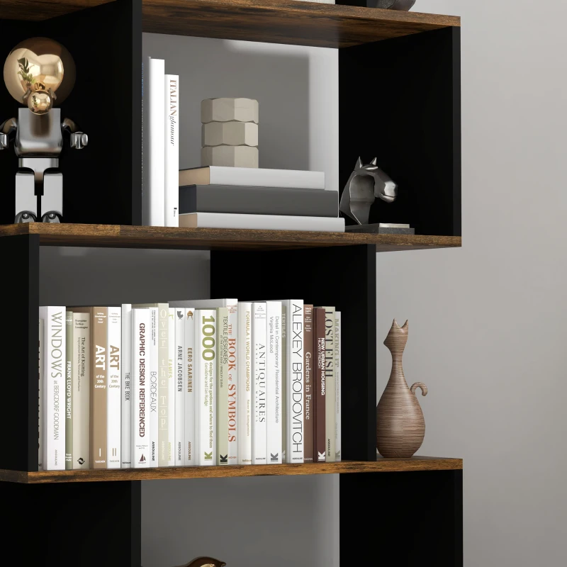 HOMCOM 5-Tier Bookshelf, Geometric S Shaped Bookcase, Tall Narrow Display Shelf for for Living Room, Study Room, Rustic Brown