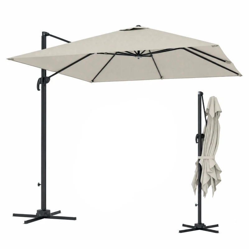 Outsunny 8 FT Aluminium Cantilever Patio Umbrella with 360° Rotation, Cross Base, Crank and Tilt for Garden, Patio, Light Grey