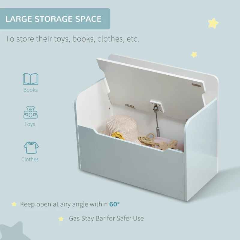 Qaba Kids Wooden Toy Storage Box Organizer Chest Chair 2 in 1 Design with Gas Stay Bar Seating Bench 23.5" x 12" x 20" Light White