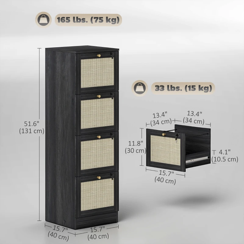HOMCOM 4 Drawer Filing Cabinet with Lock, Boho File Cabinet for A4 Letter Size Files with Decorative Rattan Accents, Black