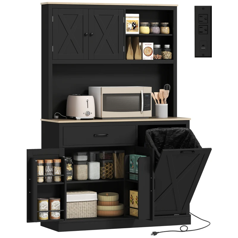 HOMCOM 69" Pantry Cabinet with Charging Station, Kitchen Cabinet with Microwave Stand, Tilt-Out Trash Can Cabinet, Black