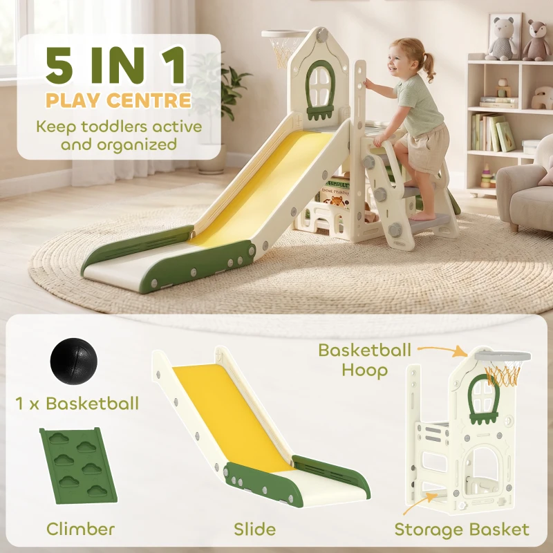 Qaba Foldable 5 in 1 Toddler Slide with Ladder, Climbing Wall, Basketball Hoop, Storage and Basketball for 1-3 Years, Cream