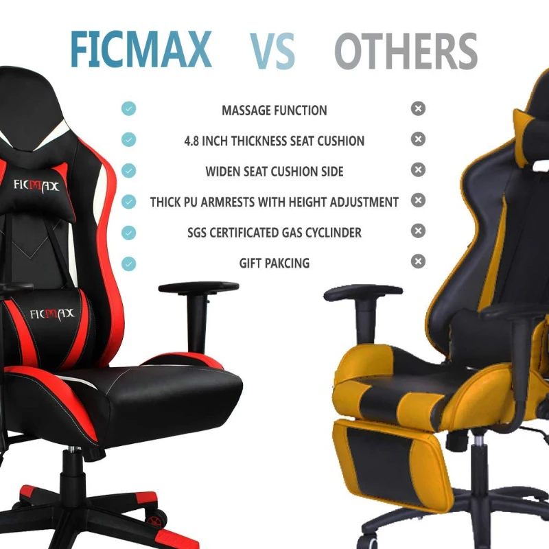 Ficmax Ergonomic  Racing Style Gaming Chair  High-Back Computer  PC Swivel  Seat with Massage Lumbar  Support and Headrest Pillow -Red/Black