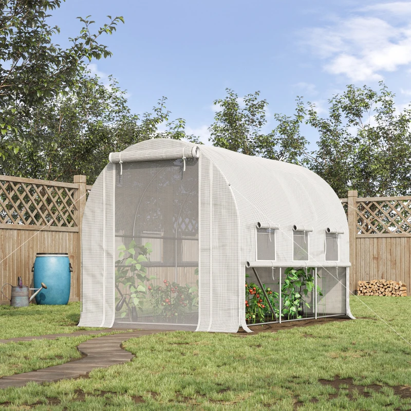 Outsunny 116.25" x 78.75" x 78.75" Walk-in Tunnel Greenhouse, Mesh Windows, Bottom Vents, Zippered Door, PE Cover, Heavy Duty Steel Frame, White