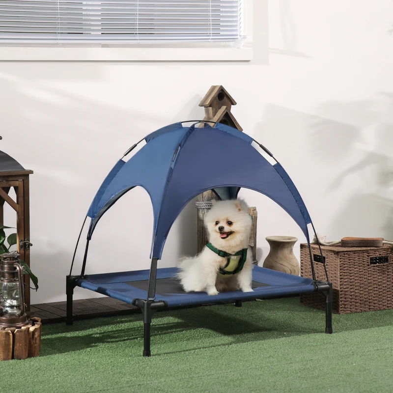 PawHut Elevated Portable Dog Cot Pet Bed with UV Protection Canopy Shade, 30 inch, Dark Blue