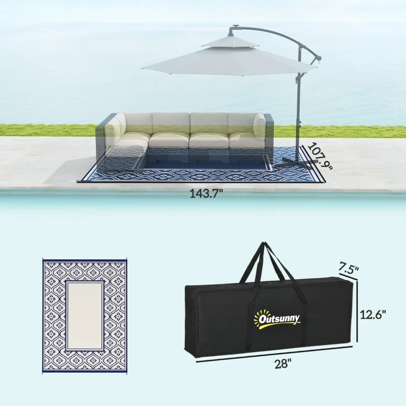 Outsunny Reversible Outdoor Rug, Waterproof Plastic Straw with Carry Bag, 9' x 12', Blue & White Gourd Border