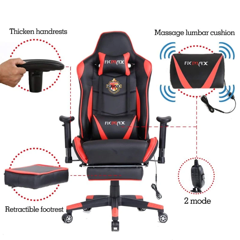 Ficmax Large Size Executive Racing Style Computer Gaming Chair with Lumbar Massage Support and Retractible Footrest - Red/Black