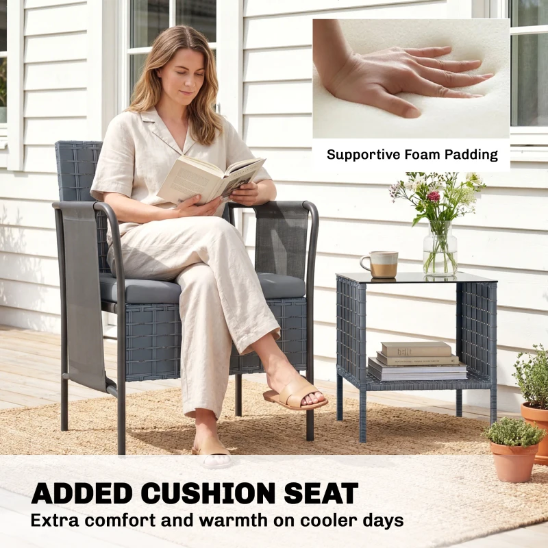 Outsunny 3 Piece Wicker Patio Furniture Set, Outdoor Bistro Set, Side Pockets, Mesh Seat, 2 Tier Glass Table, Cushions, Grey