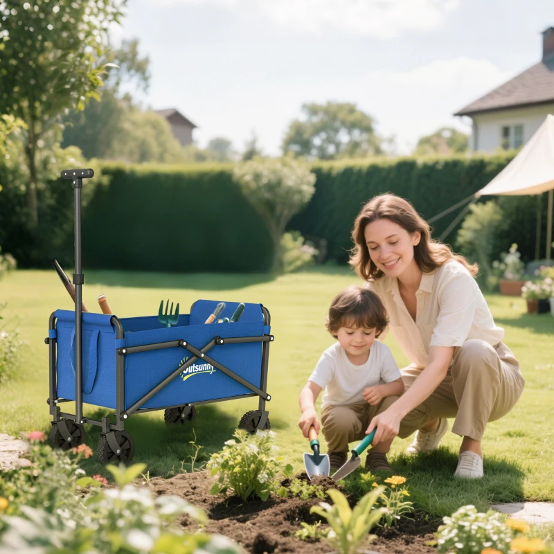 Outsunny Small Collapsible Folding Garden Cart, Heavy Duty Lawn Wagon with Universal Wheels and Adjustable Handle, Blue