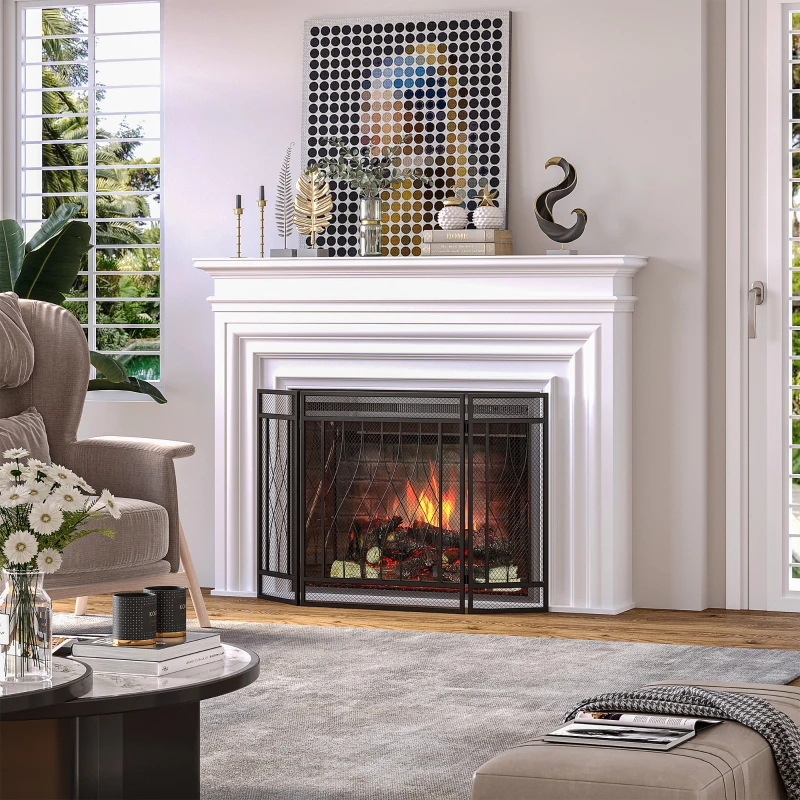 HOMCOM 3-Panel Folding Fireplace Screen, Metal Mesh Fire Spark Guard for Wood Burning, 49.5" x 31.5", Black