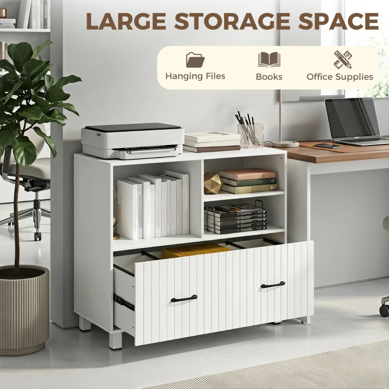 HOMCOM Lateral Office Filing Cabinet, 1-Drawer File Cabinet with Open Storage Shelves, Adjustable Hanging Bars, White