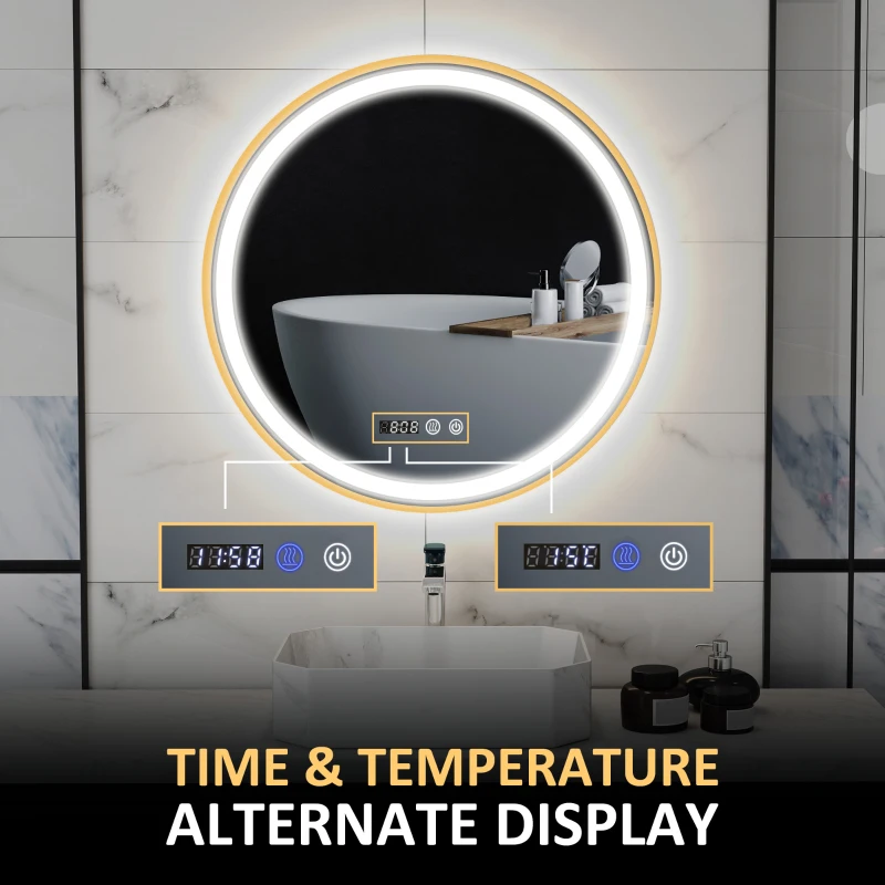 HOMCOM 28" Round Bathroom Mirror with LED Lights, Wall Mounted Vanity Mirror with Anti-Fog Pad, Time and Temp Display, Gold