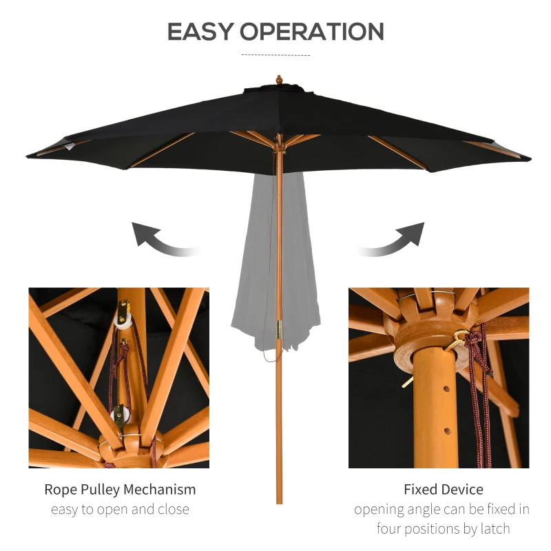 Outsunny 10' x 8' Wooden Patio Umbrella, Garden Parasol, Outdoor Sunshade Canopy with Bamboo Rib for Outdoor, Black