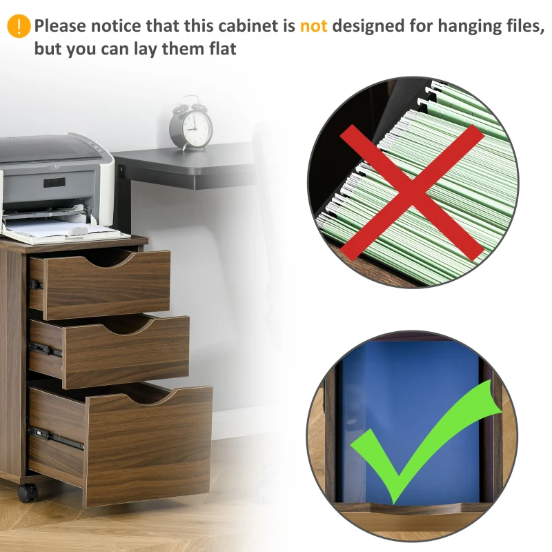 HOMCOM 3 Drawer Mobile File Cabinet with Wheels, Wood Filing Cabinet for Home Office, Rolling Under Desk Cabinet, Brown Wood Grain
