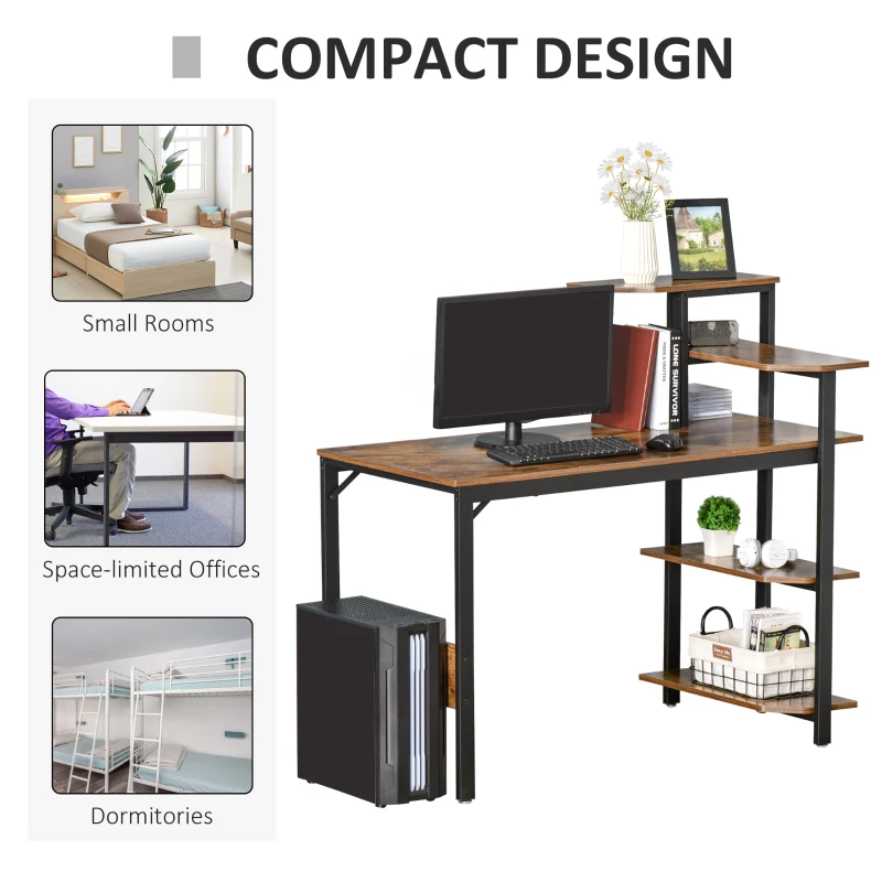 HOMCOM Compact Computer Desk with 4-Tier Open Bookshelf, Writing Table with Steel Frame for Home Office, Rustic Brown
