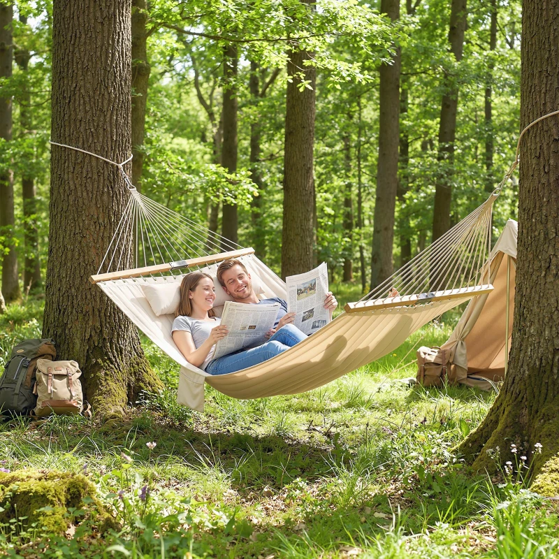 Outsunny Outdoor Hammock Padded Camping Hammock with Pillow & Spreader Bars 200 x 140 cm Cream White