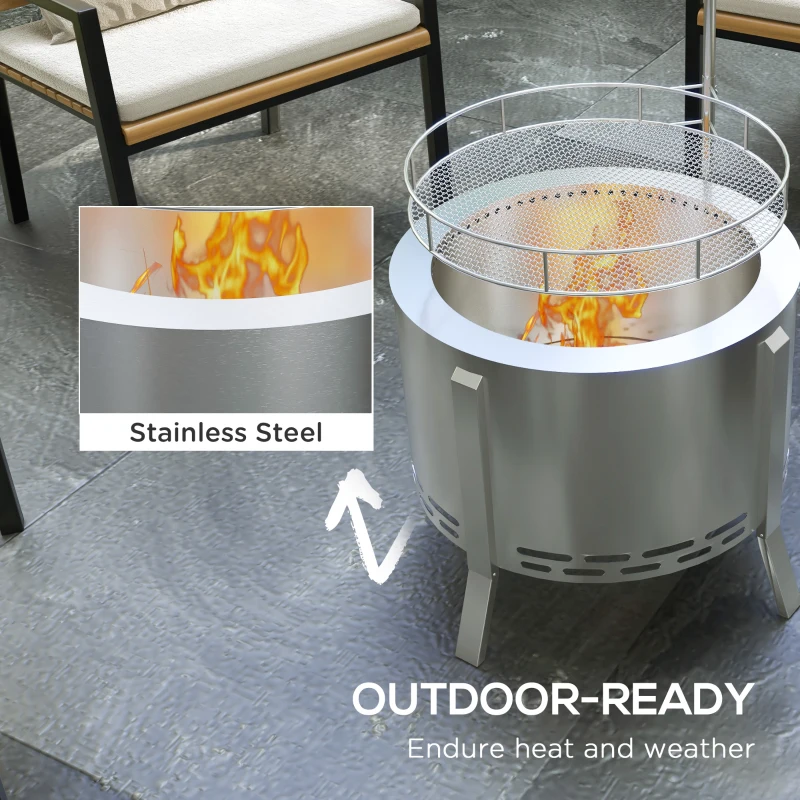 Outsunny 2-in-1 Smokeless Fire Pit BBQ Grill Portable Camping Bonfire Stove with Poker, Stainless Steel, Silver