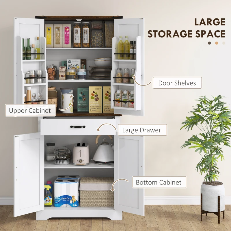 HOMCOM 71" Tall Kitchen Cabinet, Farmhouse Pantry Cabinet w/ Barn Doors, 6 Shelves w/ 2 Doors, Drawer and Adjustable Shelves, White