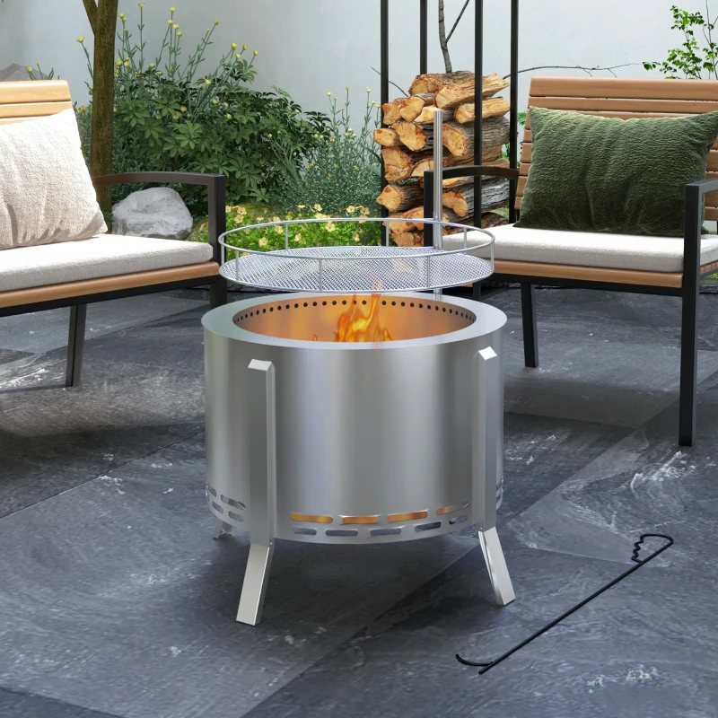 Outsunny 2-in-1 Smokeless Fire Pit BBQ Grill Portable Camping Bonfire Stove with Poker, Stainless Steel, Silver