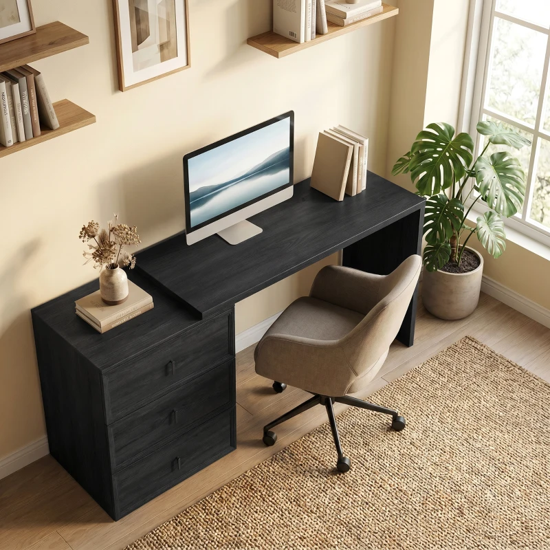 HOMCOM L Shaped Computer Desk Home Office Desk with 3 Drawers Black Wood Grain