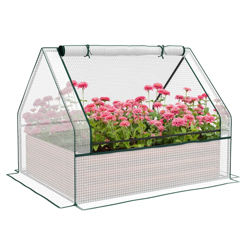 Outsunny Raised Garden Bed, Outdoor Metal Planter Box with Mini Greenhouse, White and Brown