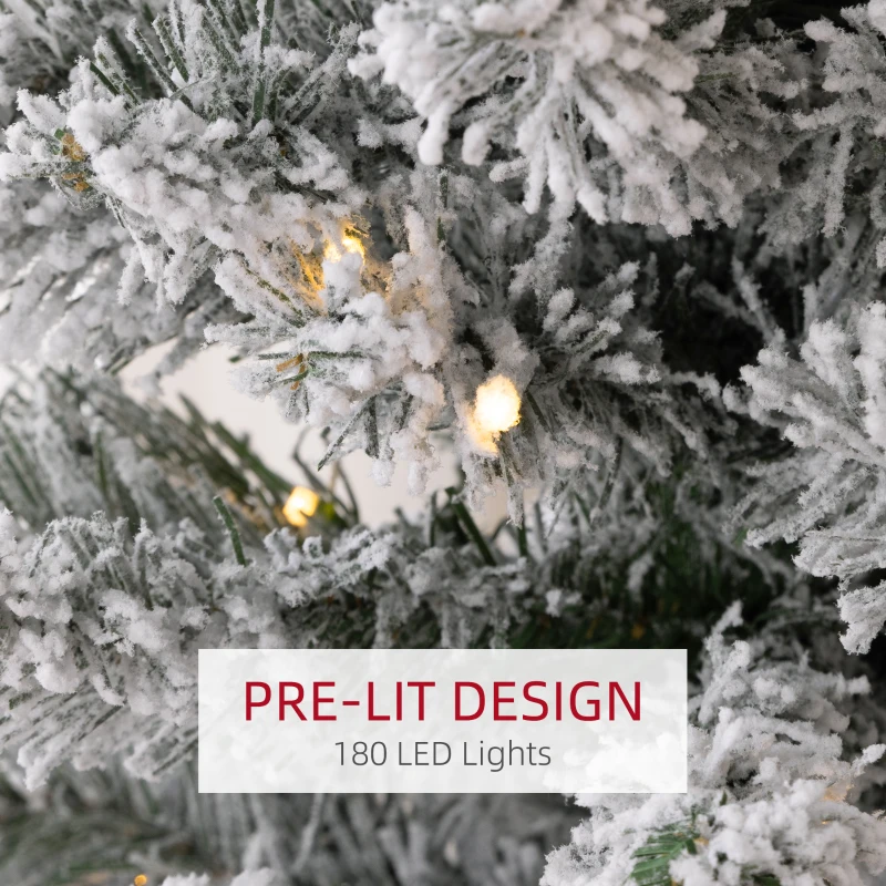 HOMCOM 7ft Artificial Prelit Christmas Tree with Warm White LED Light, Snow Flocked Branches, Metal Base, Pencil Xmas Tree