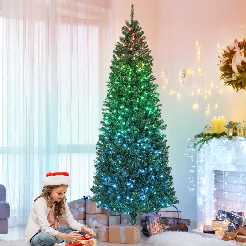 HOMCOM 7ft Artificial Christmas Tree with Colorful DIY Synchronized Lights, Remote, Hinged Slim Fir with Daily Timer