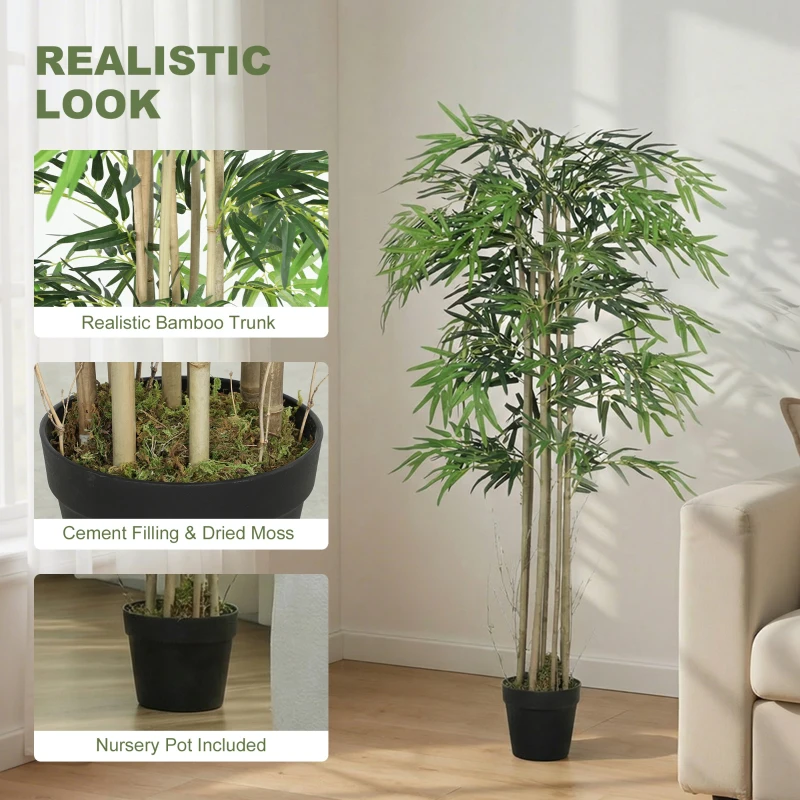 Outsunny 5FT Artificial Bamboo Tree Set of 2, Fake Plant with 1095 Leaves, Greenery Plant in Nursery Pot for Indoor, Green