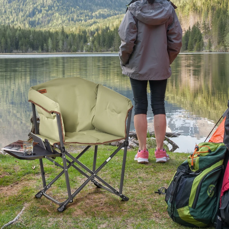 Outsunny Folding Camping Chair, Padded Director Chair with Side Table and Cup Holder, Portable for Picnic, Beach, Hiking, Travel, Green