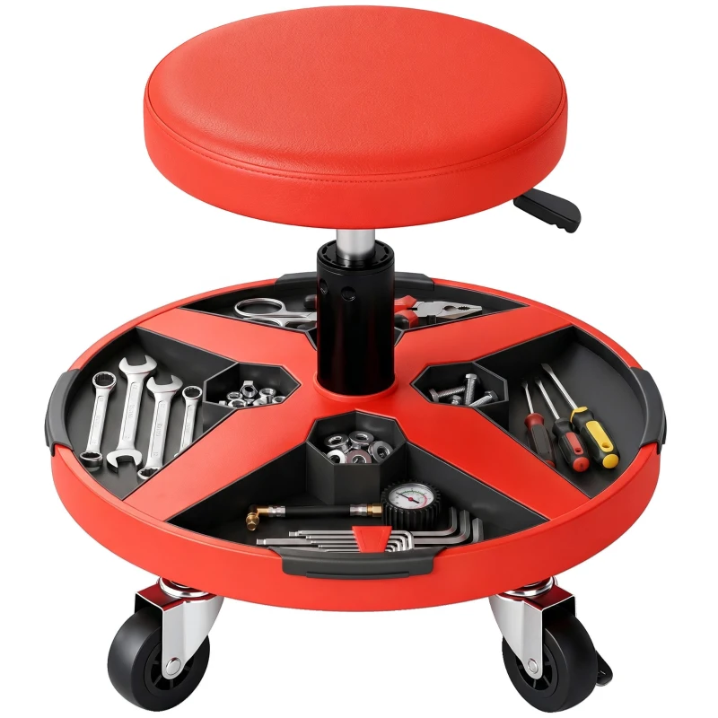 HOMCOM Rolling Mechanic Stool, 15.7"-20.5" Garage Stool with Wheels, 300 LBS, 360° Swivel Padded Creeper Shop Seat, Red