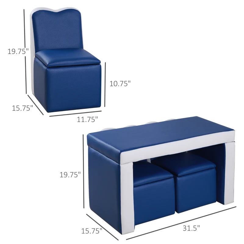 Qaba Kids Sofa Set 2-in-1 Multi-Functional Toddler Table Chair Set 2 Seat Couch Storage Box Soft Sturdy Blue