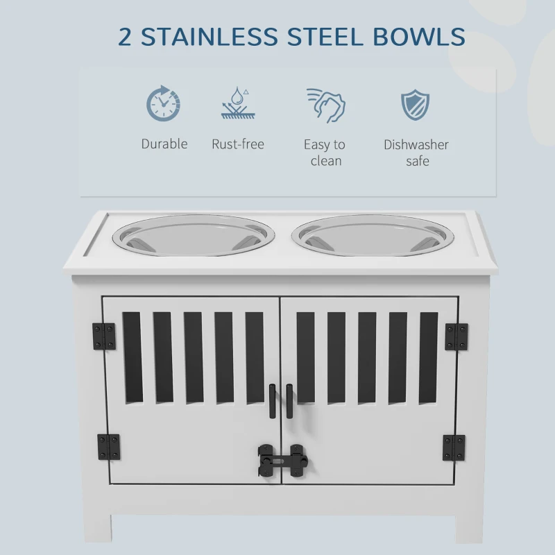PawHut Raised Dog Bowls with 2 Stainless Bowls, Storage, for XL Dogs, White