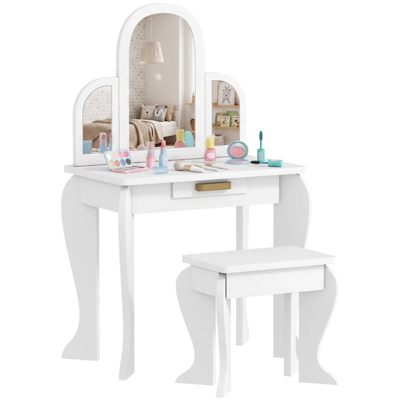 Qaba Kids Dressing Table and Chair Set, Girls Dressing Set, Makeup Desk with Drawer for 3-6 Years Old Kids, White