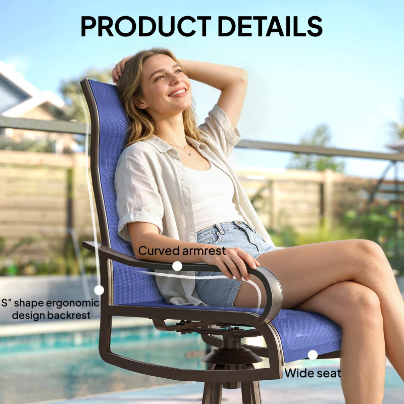 Outsunny Patio Dining Chairs Set of 2, 360° Swivel Rocking Outdoor Chairs with Armrests, Breathable Mesh, Navy Blue