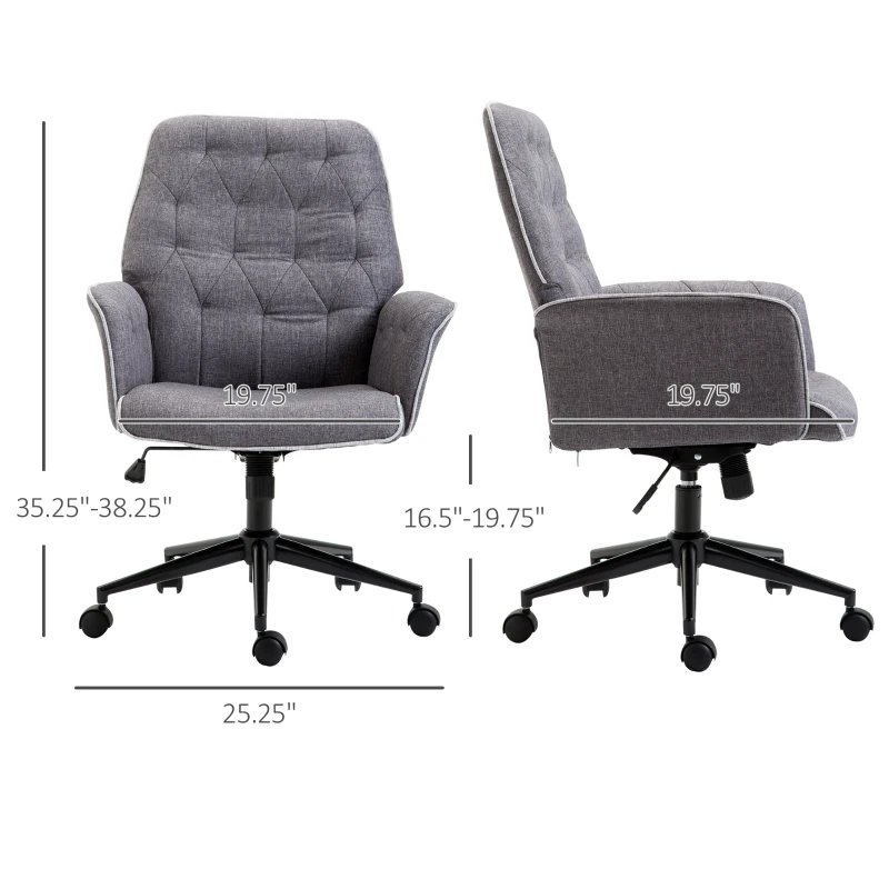 Vinsetto Linen Home Office Chair, Tufted Height Adjustable Computer Desk Chair with Swivel Wheels and Padded Armrests, Dark Gray