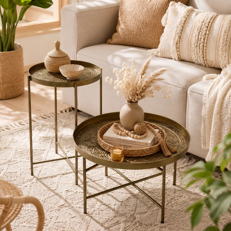 HOMCOM Coffee Table Set for Living Room, Round Center Table Set with Hammered Tray Top and Metal Frame for Bedroom, Gold