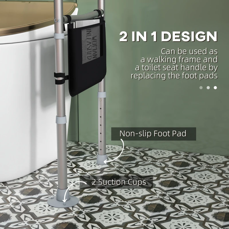 HOMCOM Stand Alone Toilet Safety Frame, Toilet Rails with Adjustable Height Width, 300lb Grab Bar with Suction Cups, Storage, Padded Handles for Elderly