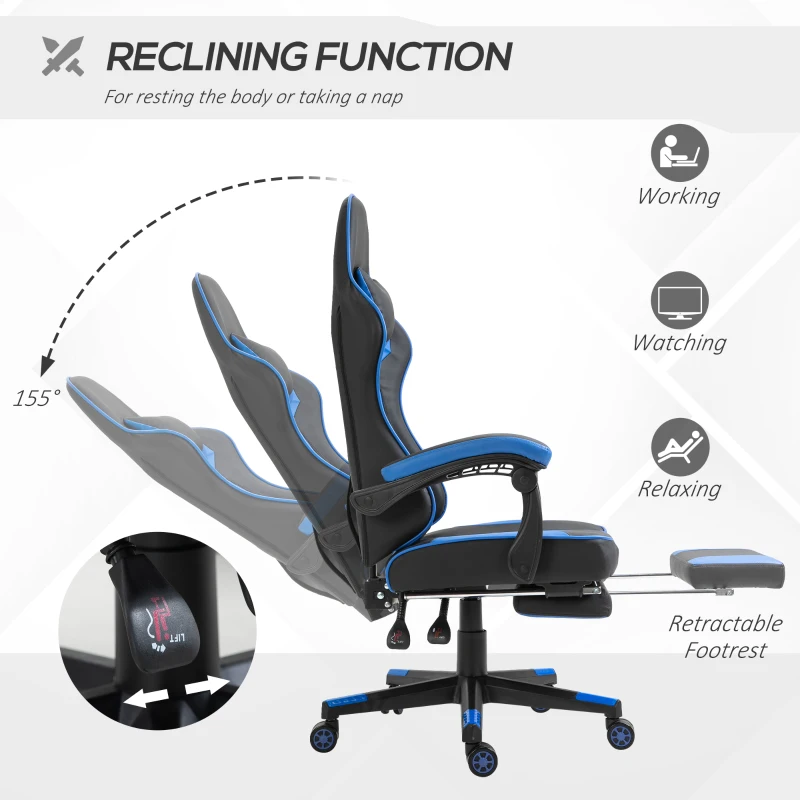 Vinsetto High Back Gaming Chair, PU Leather Racing Style Gamer Computer Chair with Retractable Footrest with Lumbar Support, Pillow and Adjustable Padded Armrests, Blue