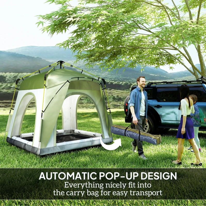 Outsunny Instant Automatic Camping Dome Tent Portable with 4 Doors and 4 Windows for 3 Person, Green
