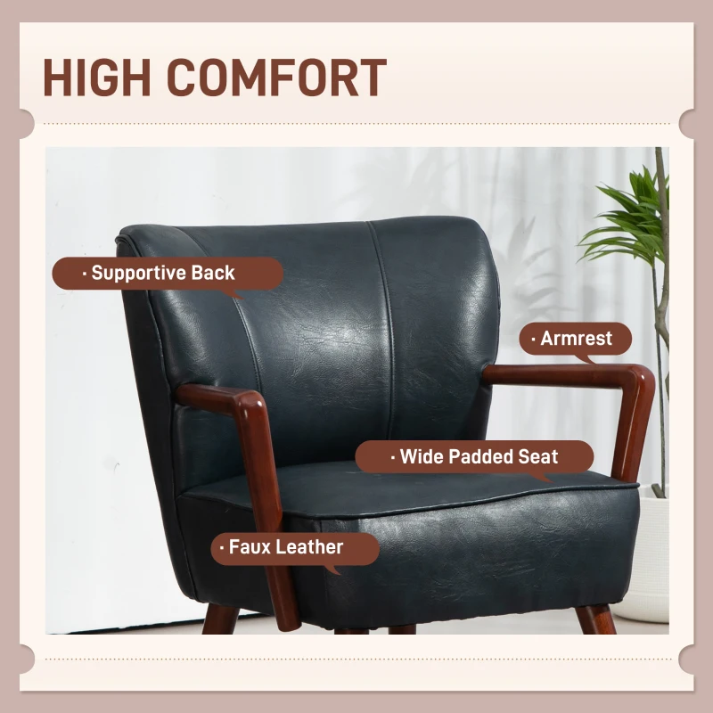 HOMCOM Accent Chair, Modern Armchair, Faux Leather Upholstered Living Room Chair with Wood Legs and Wide Padded Seat, Blue