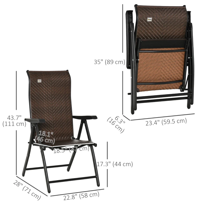 Outsunny Rattan Reclining Folding Chair Set of 2, Outdoor Wicker Portable Recliner with 7 Adjustable Backrest Position for Garden, Balcony, Patio, Brown