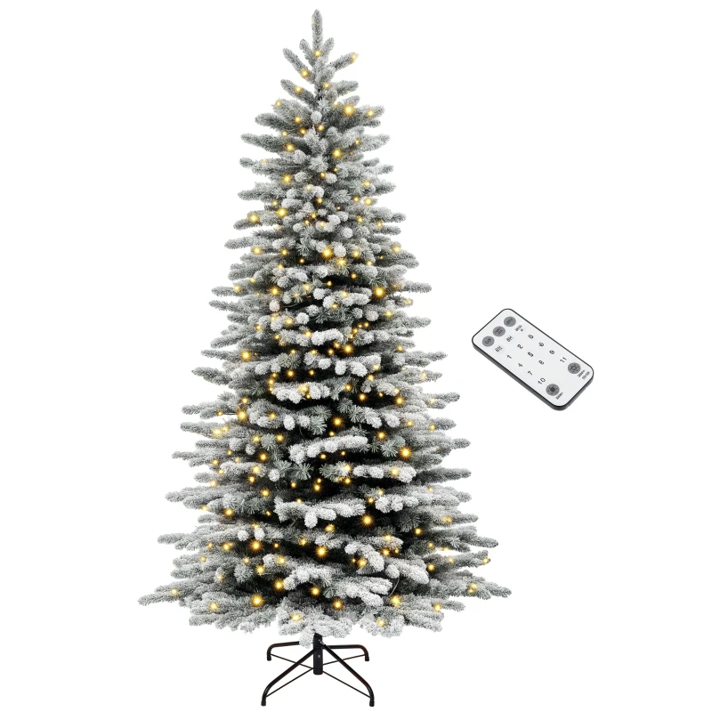 HOMCOM 7.5ft Snow Flocked Artificial Christmas Tree, Pre-Lit Christmas Tree with 500 LED Lights and 1264 Branch Tips, Green