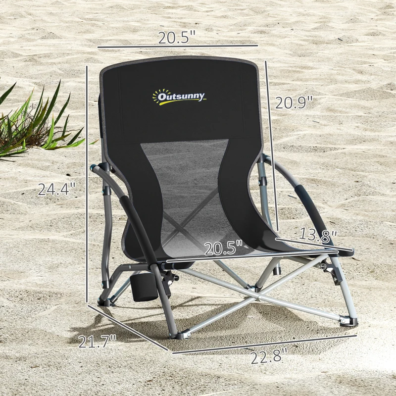 Outsunny Set of 2 Folding Beach Chairs with Mesh Back, Carry Bag and Cup Holder for Outdoor Camping Lawn Sports Picnic, Black